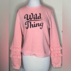 REBECCA MINKOFF NWOT PEACHY WILD THING MESSAGE SWEATSHIRT RUFFLES on ARMS SWEET